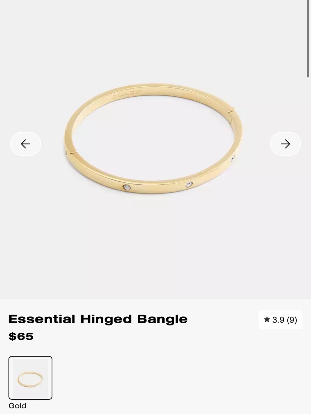 COACH Gold Hinged Bangle Bracelet with Crystal Accents